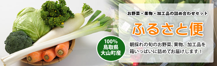 ふるさと便　新鮮な大山町産の旬野菜や果物、加工品を箱いっぱいに詰めました。